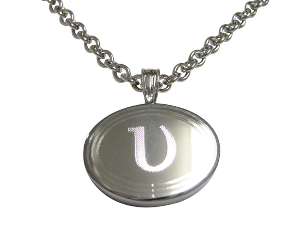 Silver Toned Etched Oval Greek Letter Upsilon Pendant Necklace