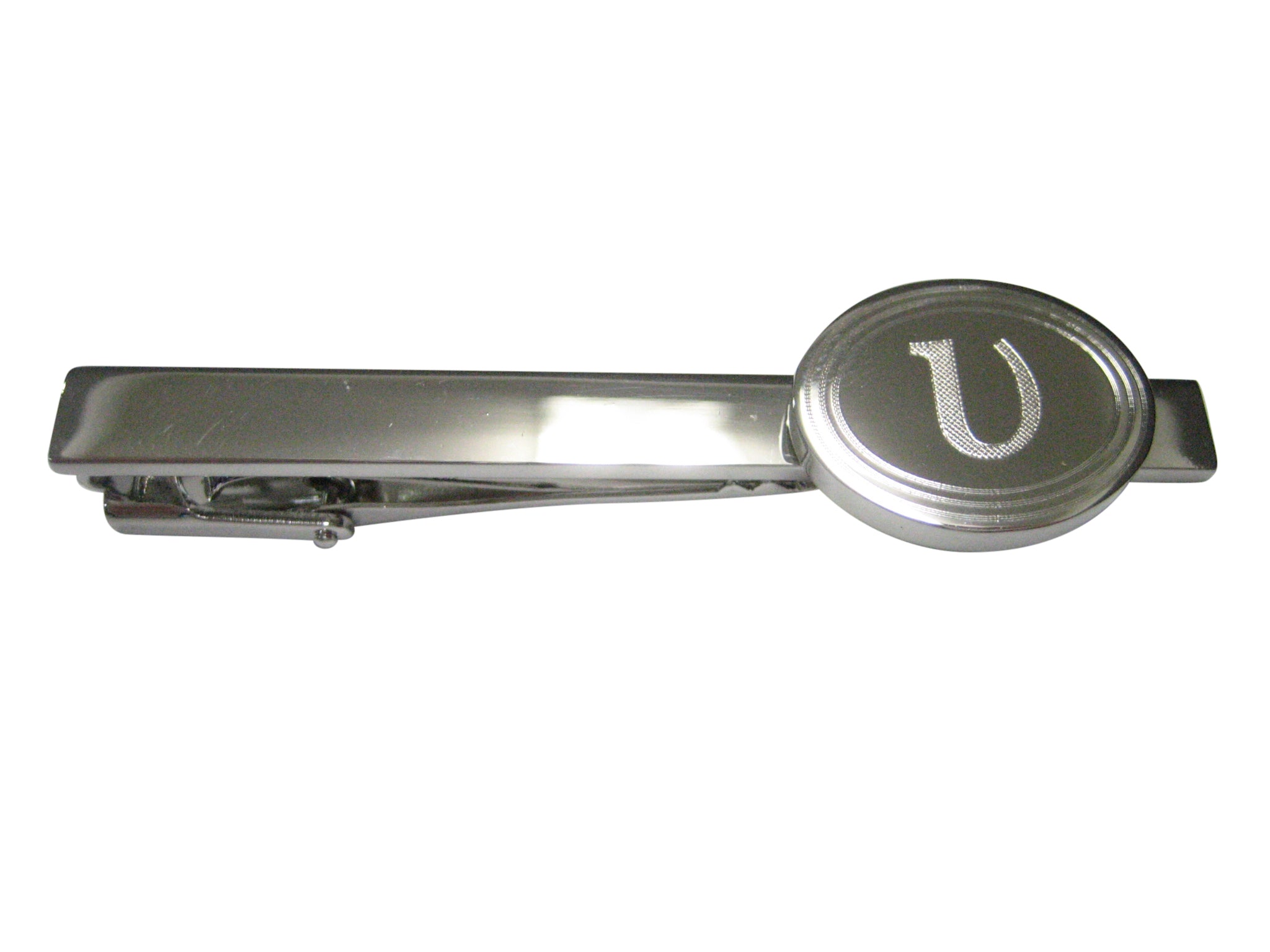 Silver Toned Etched Oval Greek Letter Upsilon Pendant Tie Clip