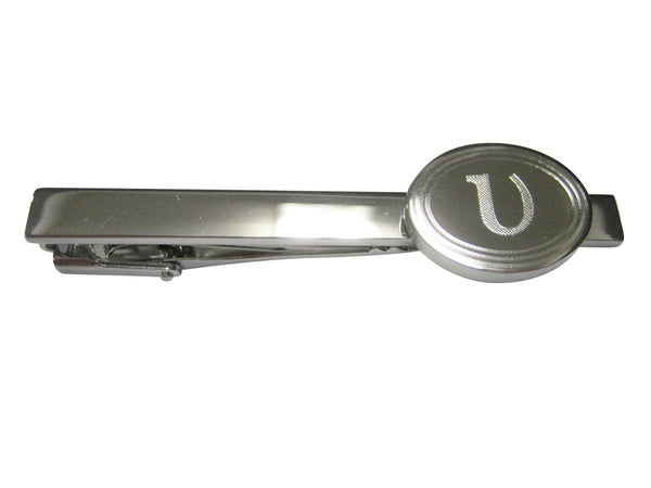 Silver Toned Etched Oval Greek Letter Upsilon Pendant Tie Clip