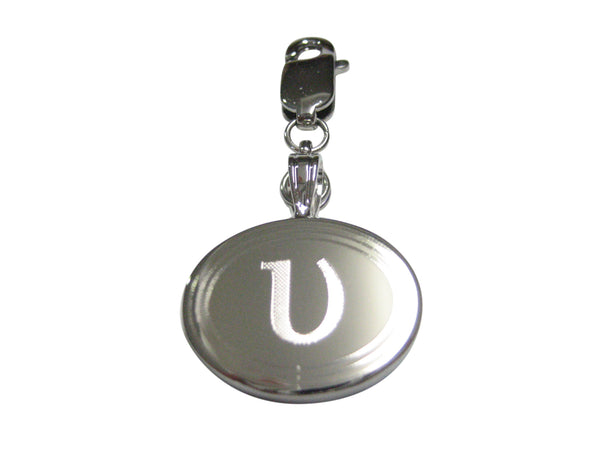 Silver Toned Etched Oval Greek Letter Upsilon Pendant Zipper Pull Charm