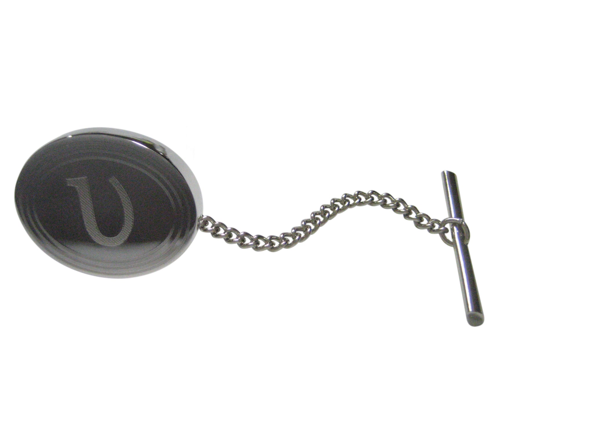 Silver Toned Etched Oval Greek Letter Upsilon Tie Tack