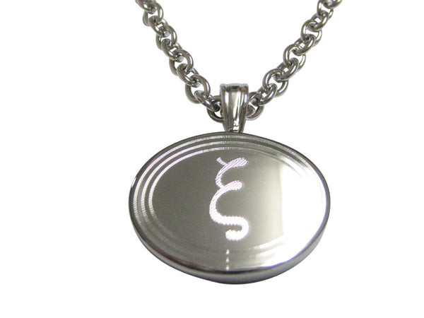 Silver Toned Etched Oval Greek Letter Xi Pendant Necklace