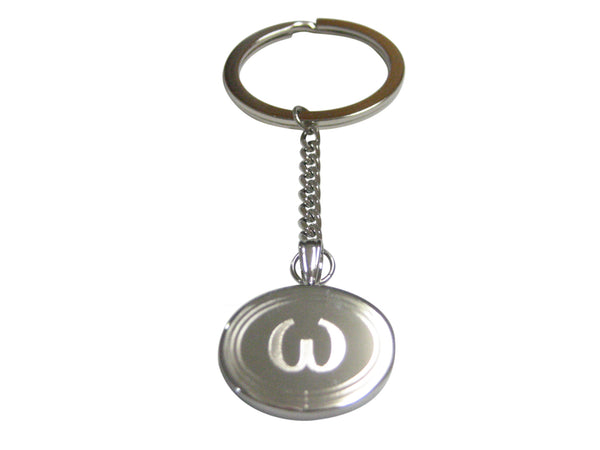 Silver Toned Etched Oval Greek Lowercase Letter Omega Pendant Keychain