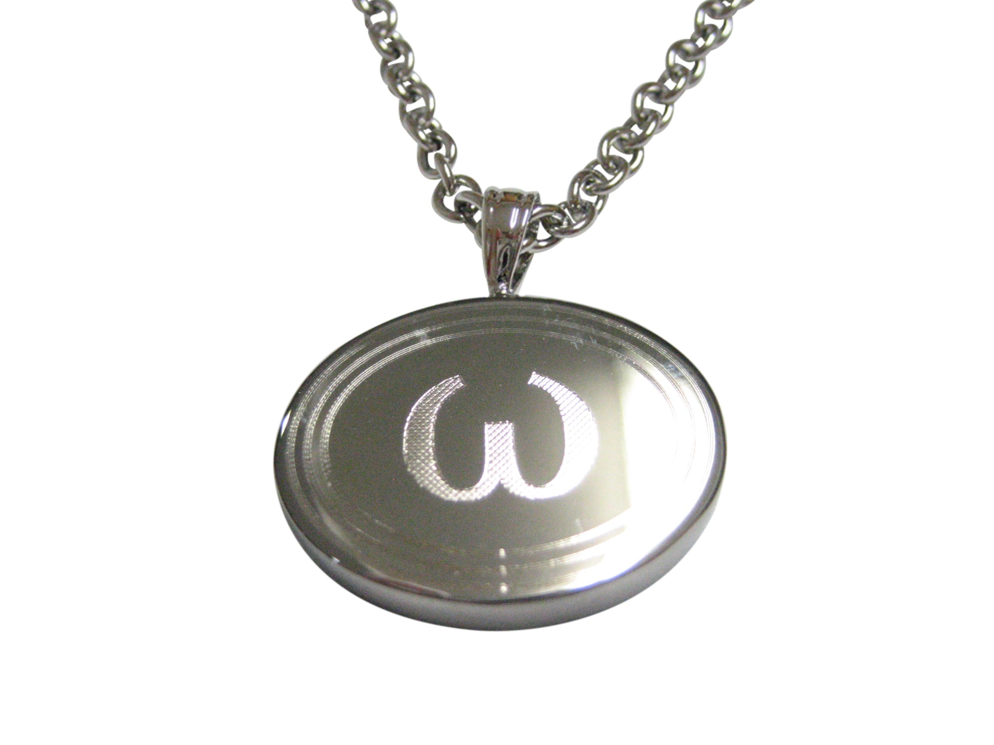 Silver Toned Etched Oval Greek Lowercase Letter Omega Pendant Necklace