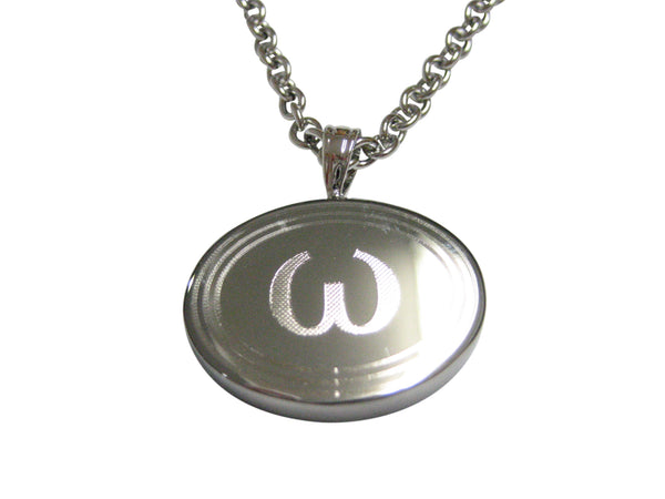 Silver Toned Etched Oval Greek Lowercase Letter Omega Pendant Necklace