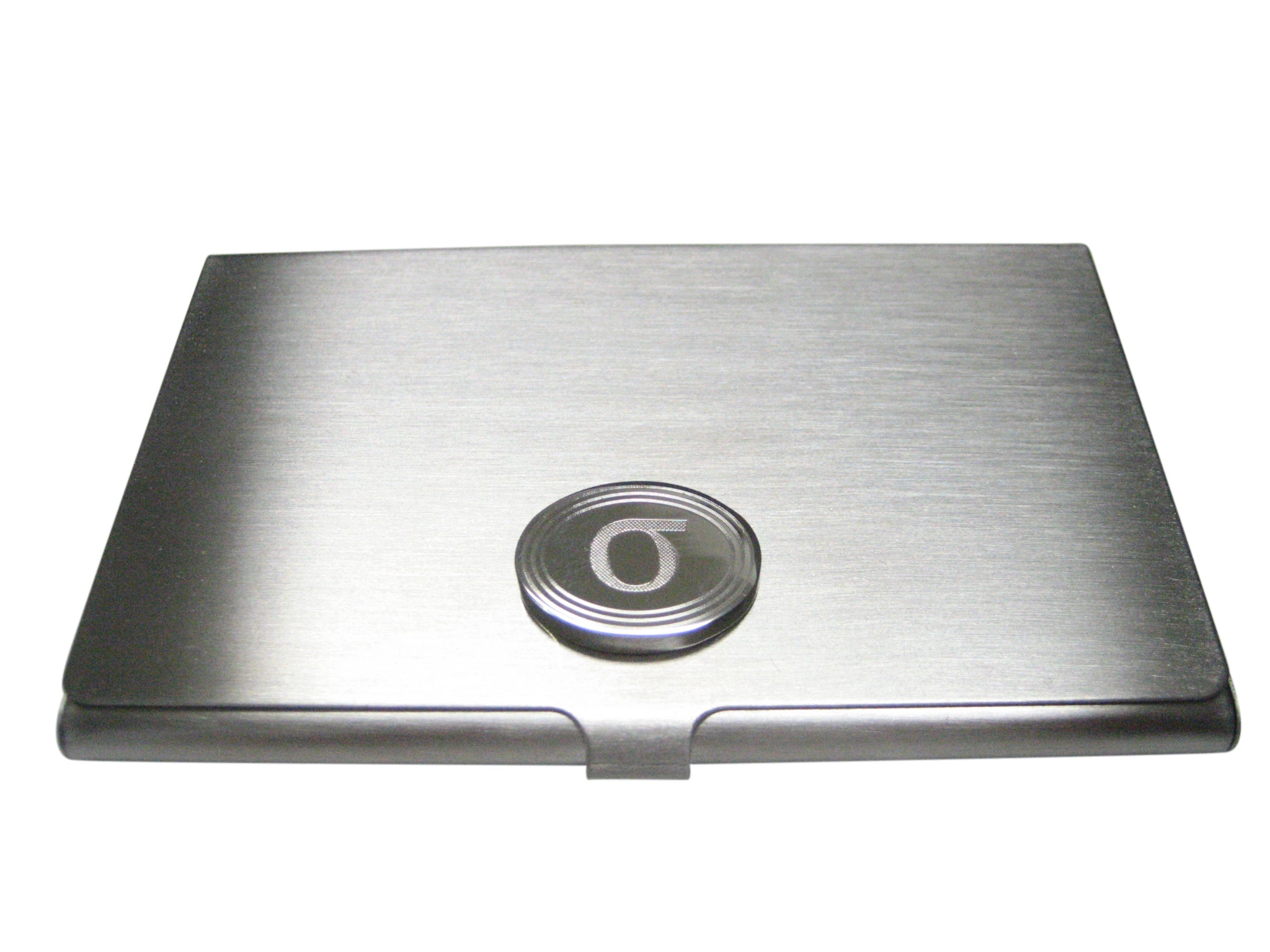 Silver Toned Etched Oval Greek Lowercase Letter Sigma Business Card Holder