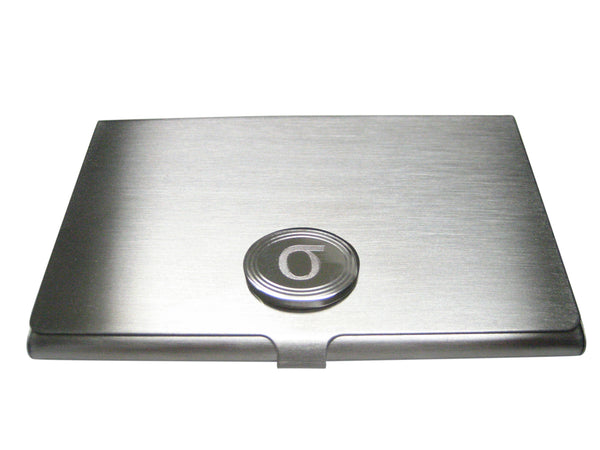 Silver Toned Etched Oval Greek Lowercase Letter Sigma Business Card Holder
