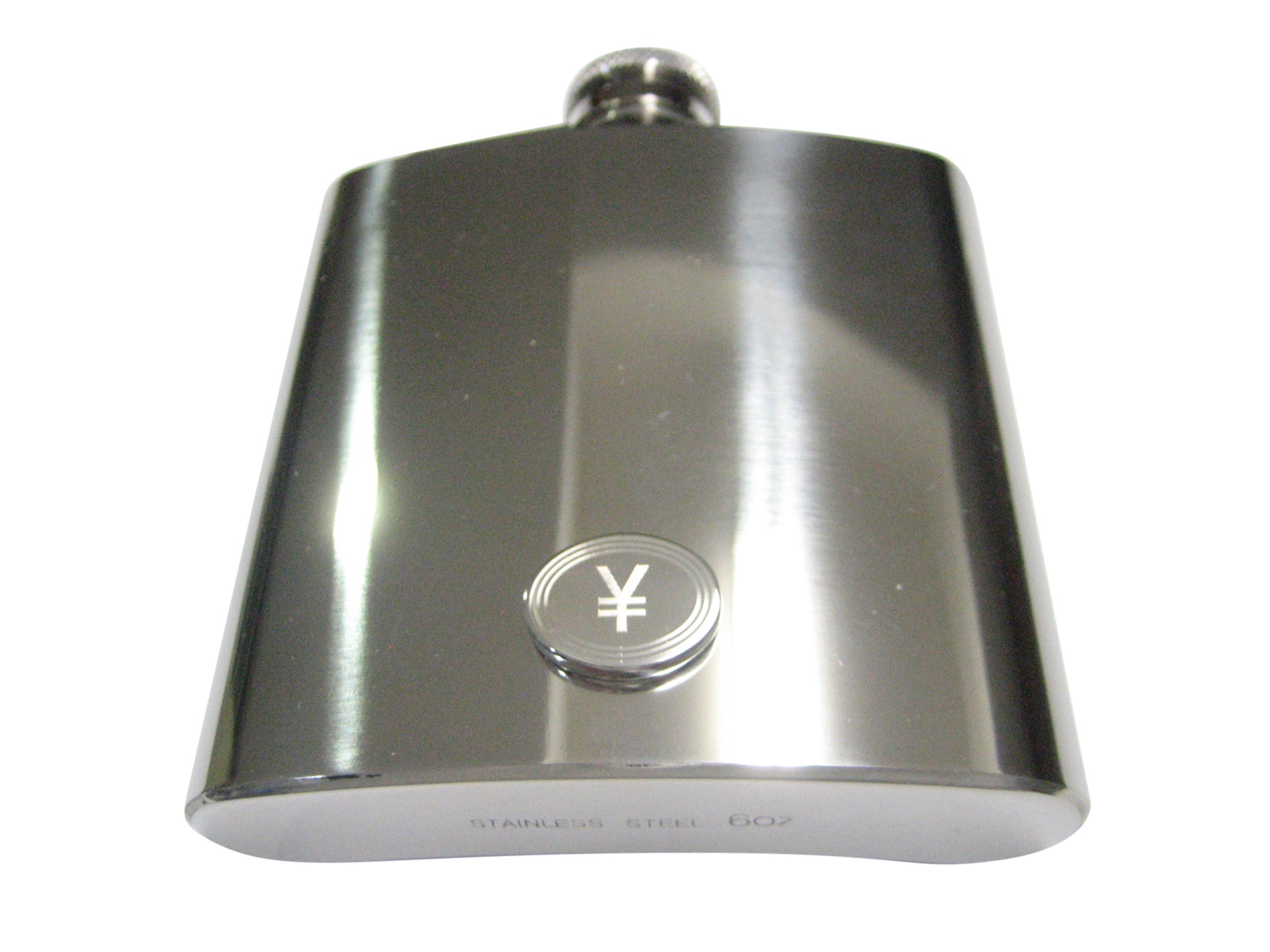 Silver Toned Etched Oval Japanese Yen Currency Sign 6oz Flask