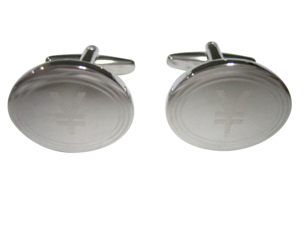 Silver Toned Etched Oval Japanese Yen Currency Sign Cufflinks