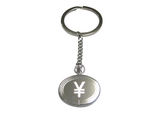 Silver Toned Etched Oval Japanese Yen Currency Sign Pendant Keychain