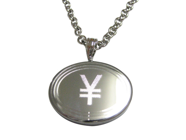 Silver Toned Etched Oval Japanese Yen Currency Sign Pendant Necklace