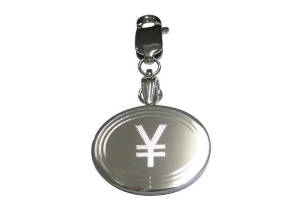 Silver Toned Etched Oval Japanese Yen Currency Sign Pendant Zipper Pull Charm