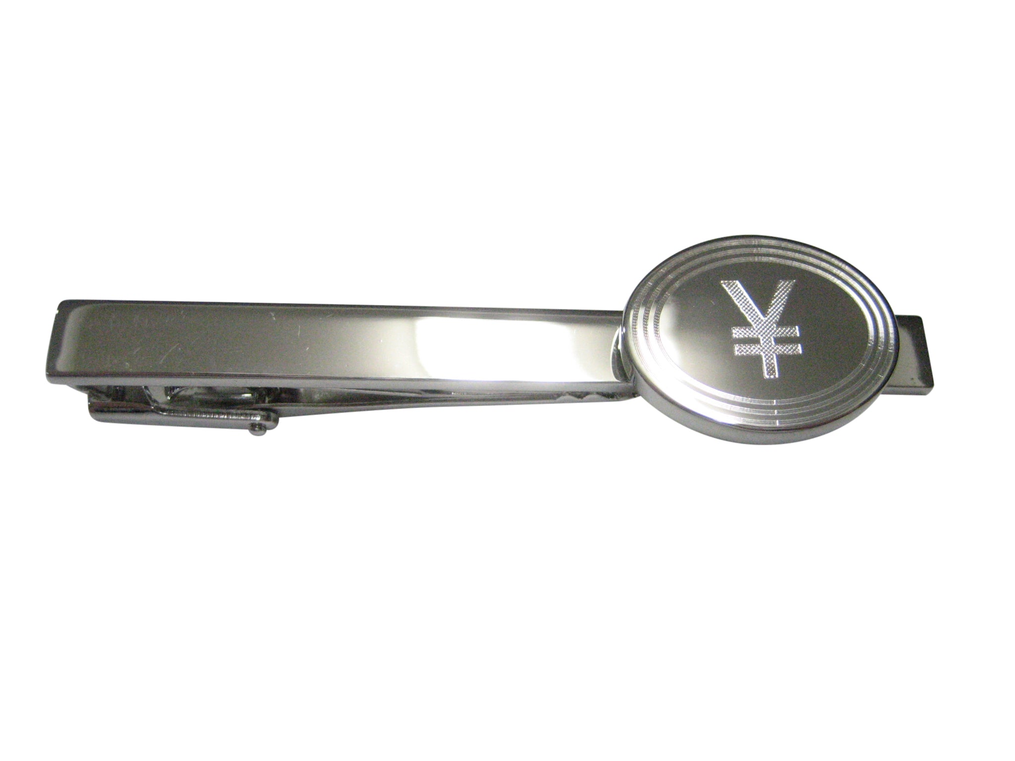 Silver Toned Etched Oval Japanese Yen Currency Sign Tie Clip