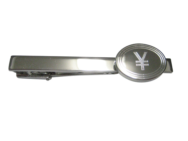 Silver Toned Etched Oval Japanese Yen Currency Sign Tie Clip