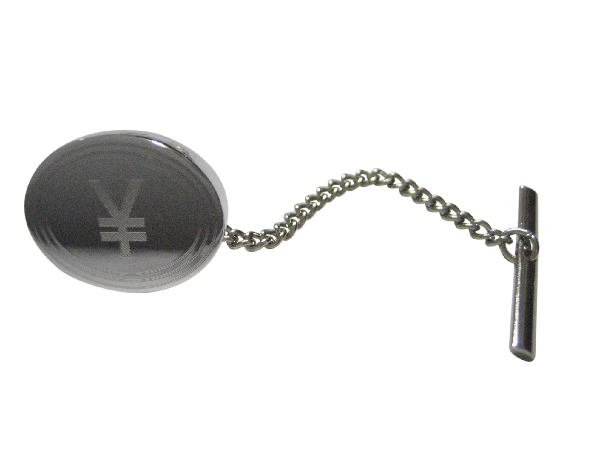 Silver Toned Etched Oval Japanese Yen Currency Sign Tie Tack