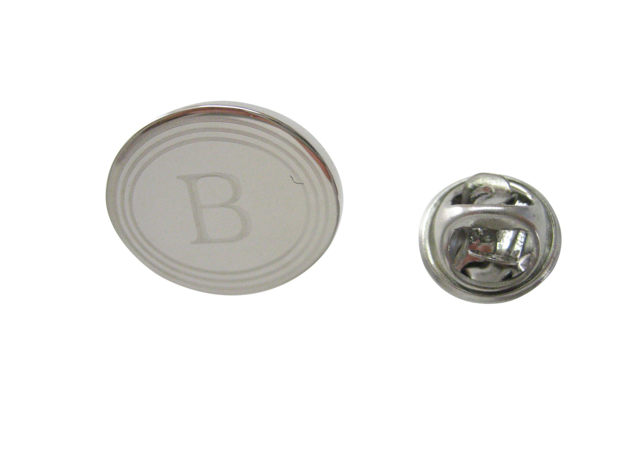 Silver Toned Etched Oval Letter B Monogram Lapel Pin