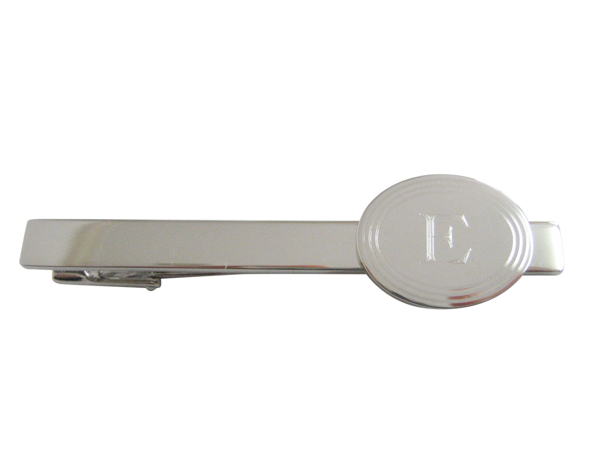 Silver Toned Etched Oval Letter E Monogram Square Tie Clip