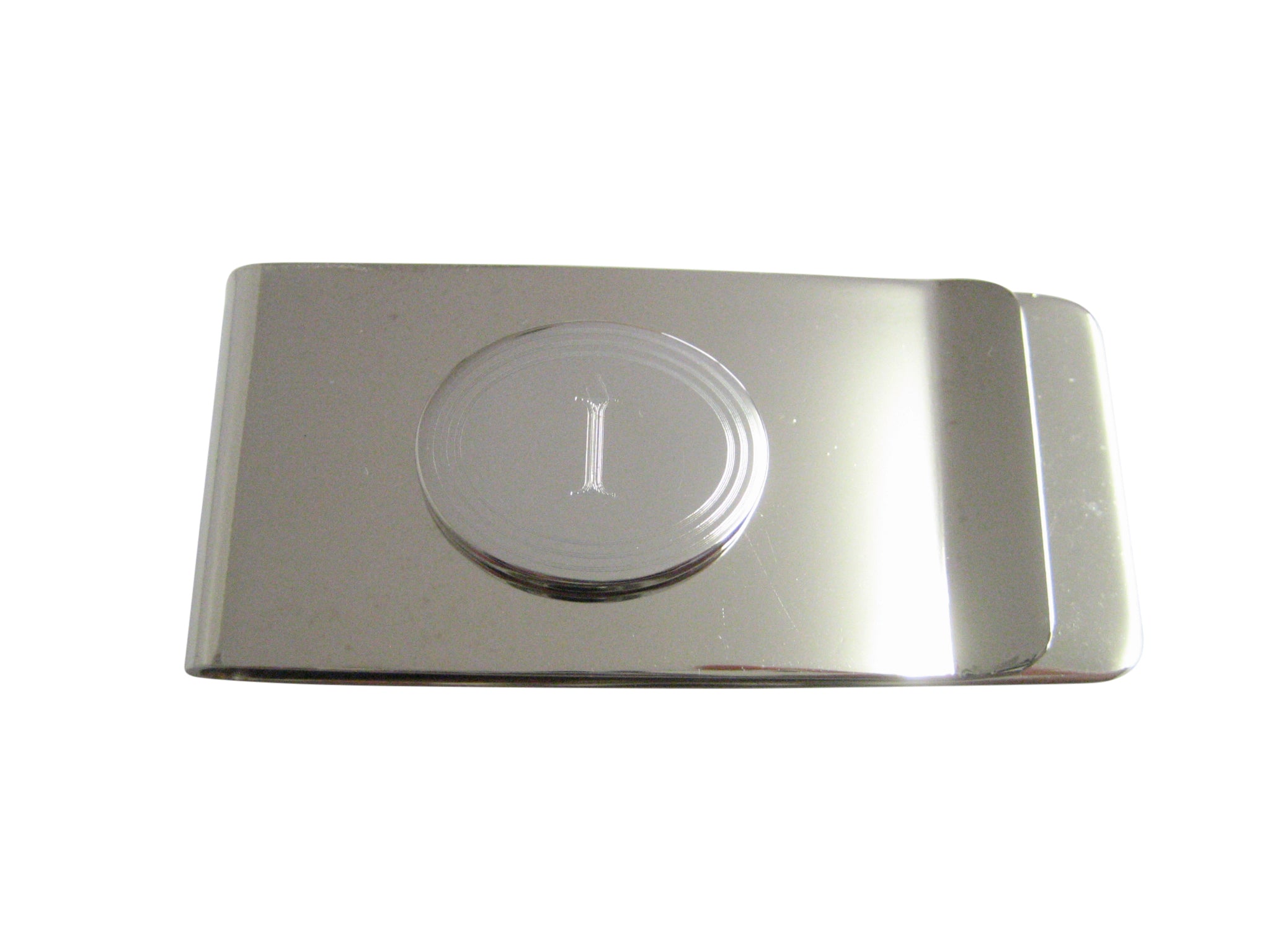 Silver Toned Etched Oval Letter I Monogram Money Clip
