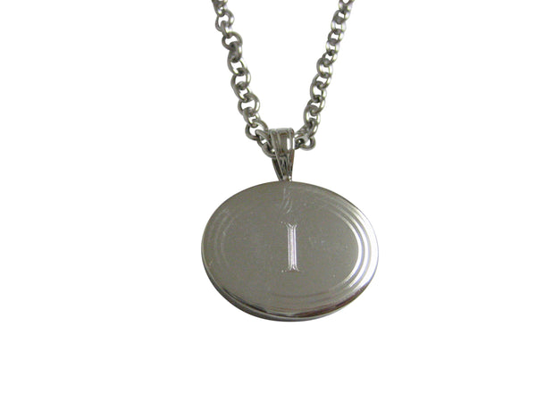 Silver Toned Etched Oval Letter I Monogram Pendant Necklace