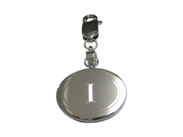 Silver Toned Etched Oval Letter I Monogram Pendant Zipper Pull Charm
