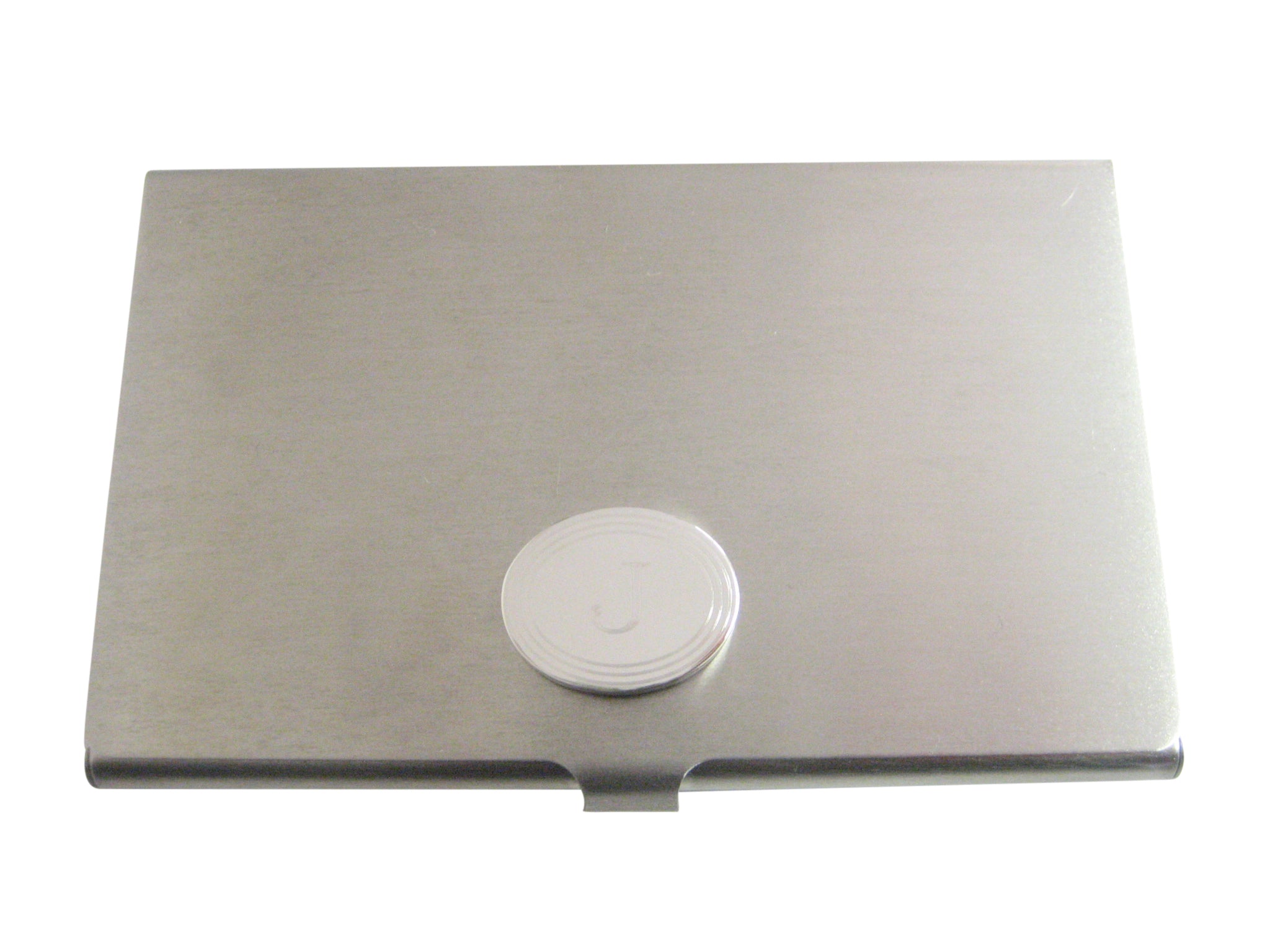 Silver Toned Etched Oval Letter J Monogram Business Card Holder