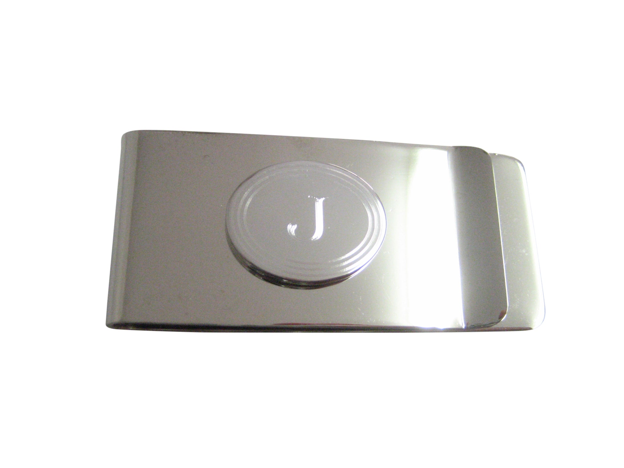Silver Toned Etched Oval Letter J Monogram Money Clip