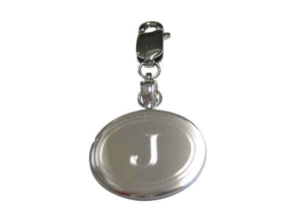 Silver Toned Etched Oval Letter J Monogram Pendant Zipper Pull Charm