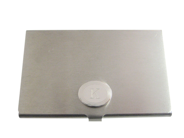 Silver Toned Etched Oval Letter K Monogram Business Card Holder