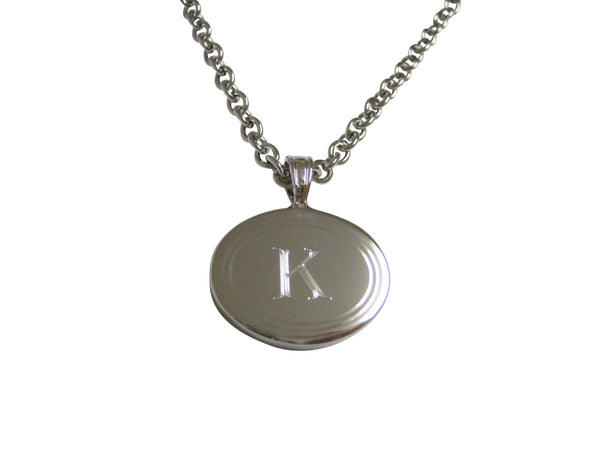 Silver Toned Etched Oval Letter K Monogram Pendant Necklace