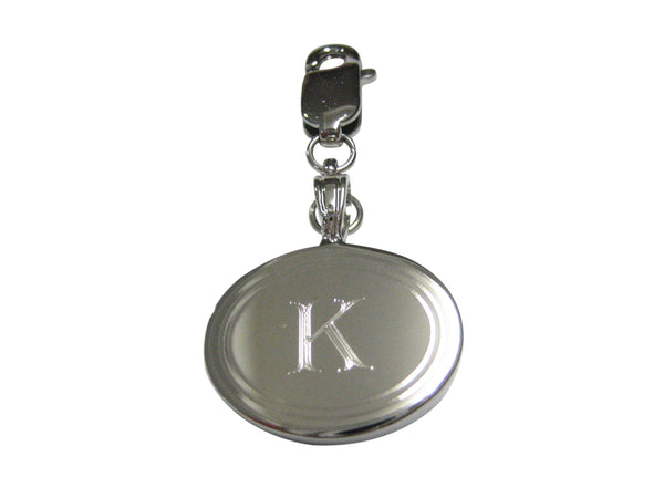 Silver Toned Etched Oval Letter K Monogram Pendant Zipper Pull Charm