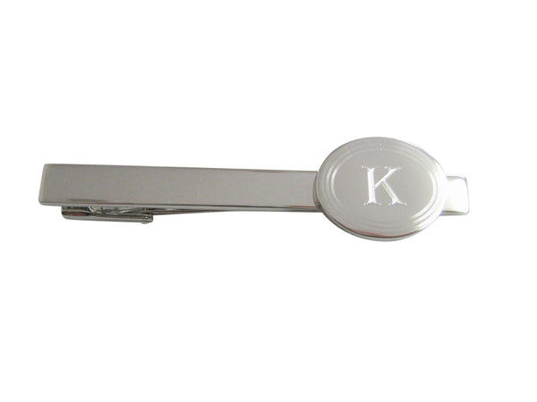 Silver Toned Etched Oval Letter K Monogram Square Tie Clip