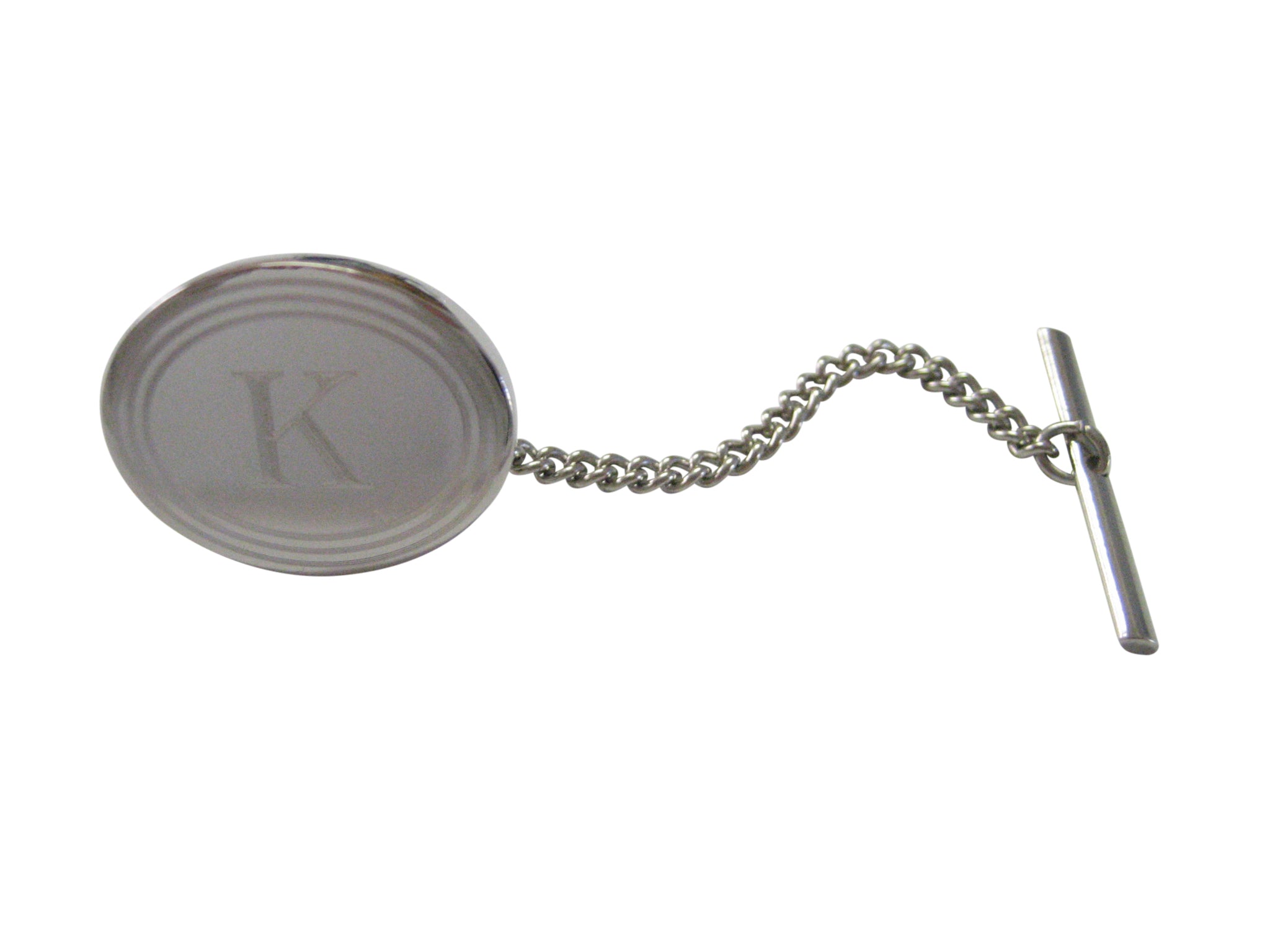 Silver Toned Etched Oval Letter K Monogram Tie Tack