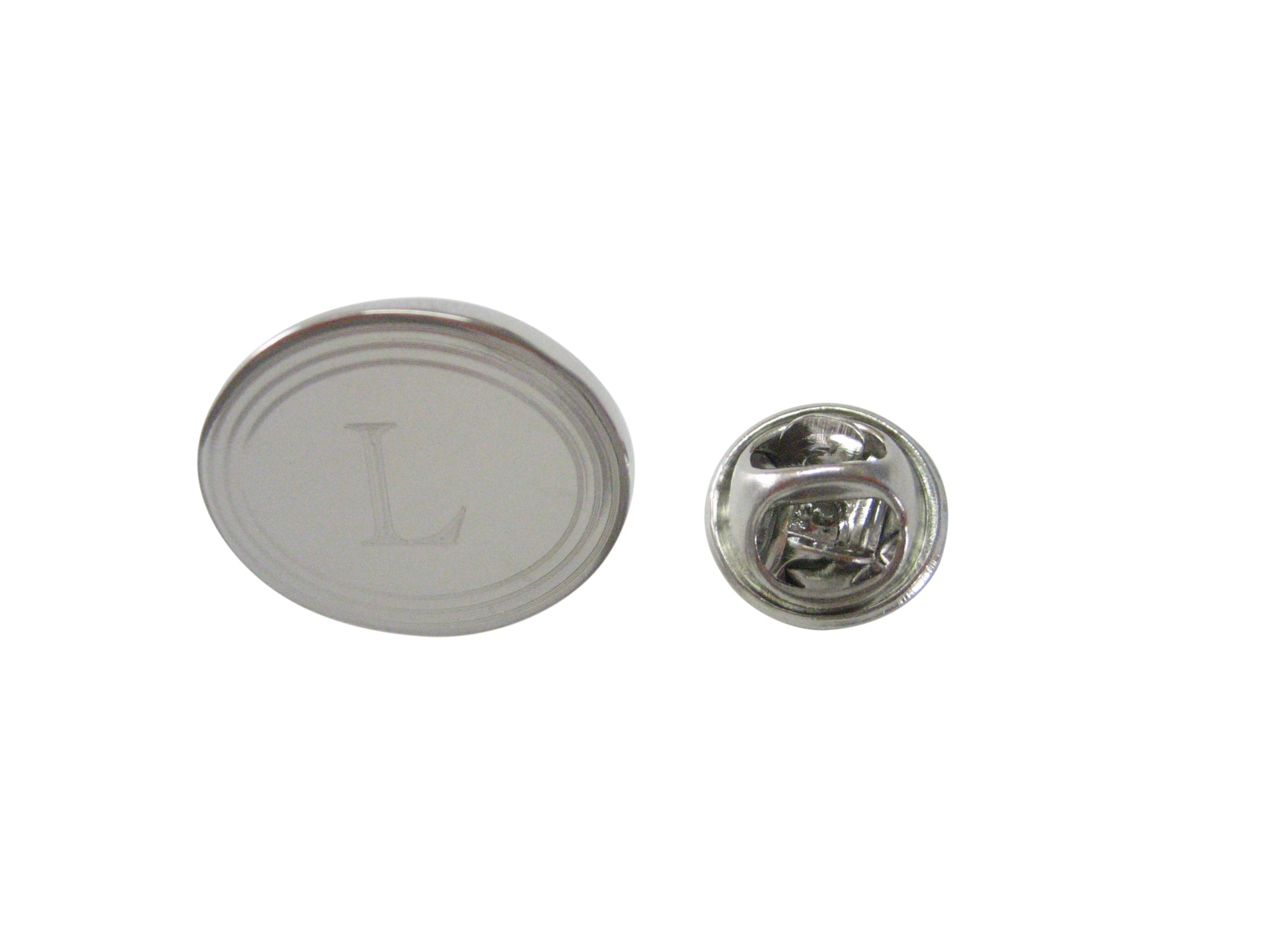 Silver Toned Etched Oval Letter L Monogram Lapel Pin