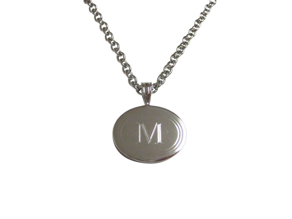 Silver Toned Etched Oval Letter M Monogram Pendant Necklace