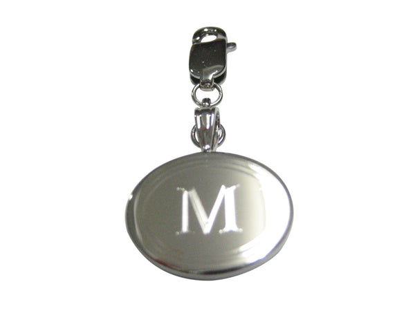 Silver Toned Etched Oval Letter M Monogram Pendant Zipper Pull Charm