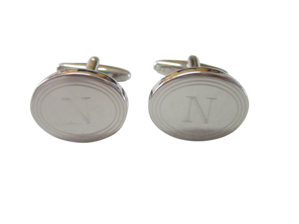 Silver Toned Etched Oval Letter N Monogram Cufflinks