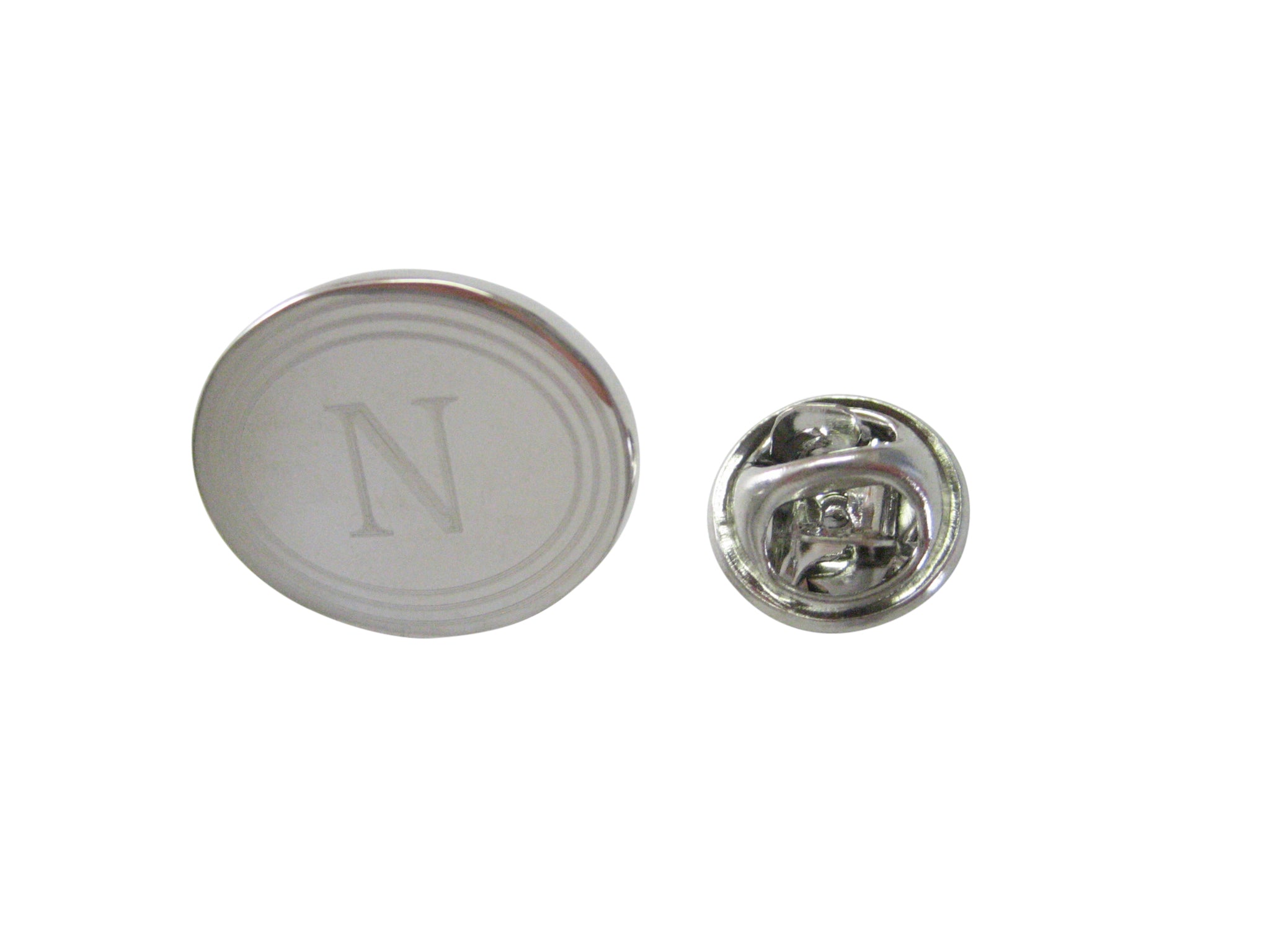 Silver Toned Etched Oval Letter N Monogram Lapel Pin