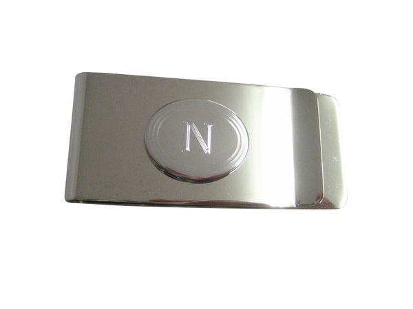 Silver Toned Etched Oval Letter N Monogram Money Clip