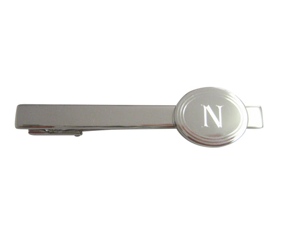 Silver Toned Etched Oval Letter N Monogram Square Tie Clip