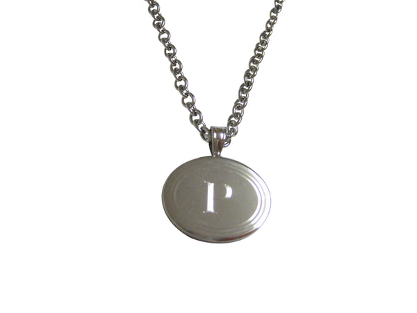 Silver Toned Etched Oval Letter P Monogram Pendant Necklace