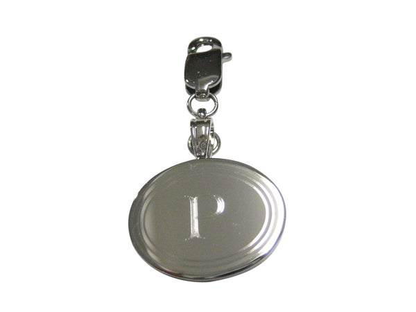 Silver Toned Etched Oval Letter P Monogram Pendant Zipper Pull Charm