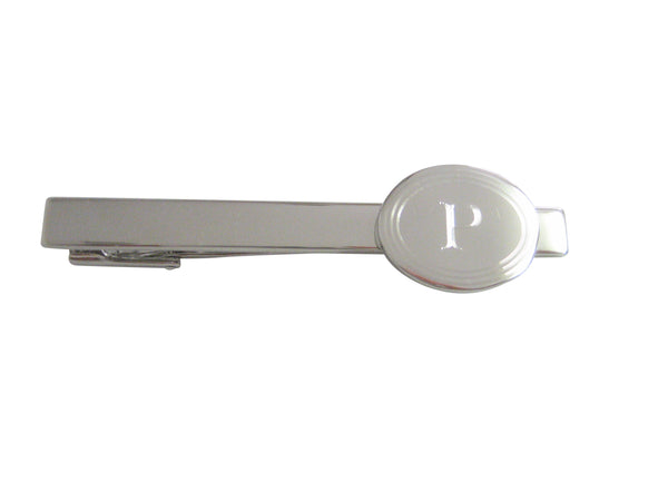 Silver Toned Etched Oval Letter P Monogram Square Tie Clip