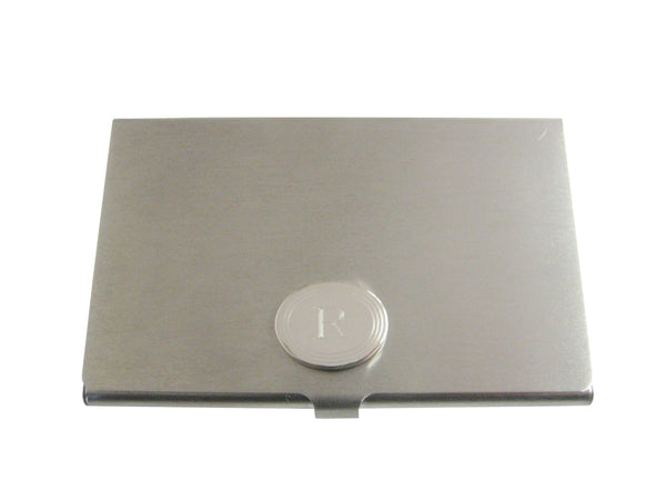 Silver Toned Etched Oval Letter R Monogram Business Card Holder