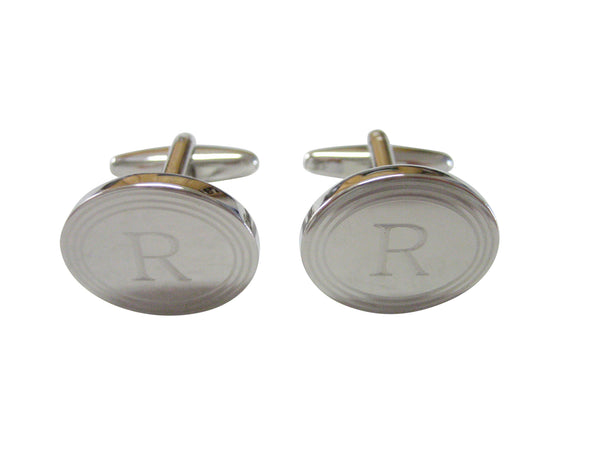 Silver Toned Etched Oval Letter R Monogram Cufflinks