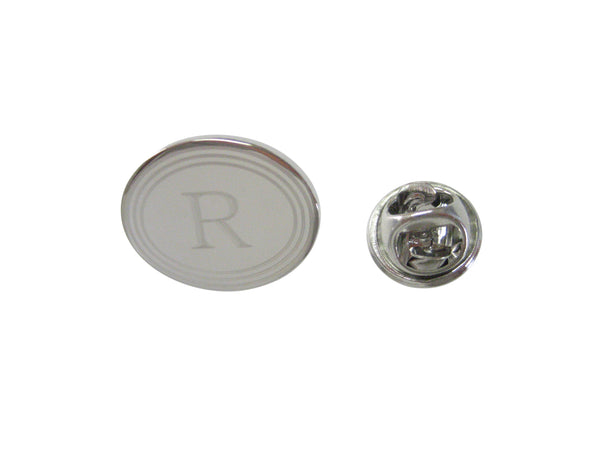 Silver Toned Etched Oval Letter R Monogram Lapel Pin