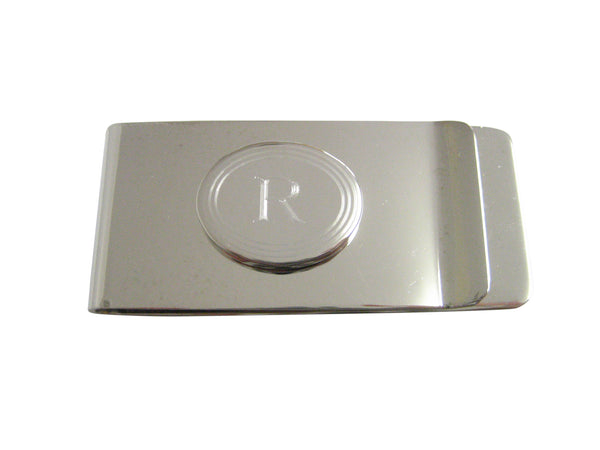 Silver Toned Etched Oval Letter R Monogram Money Clip