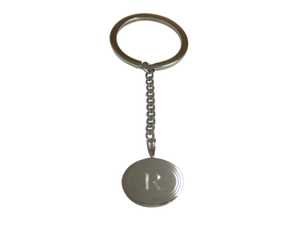 Silver Toned Etched Oval Letter R Monogram Pendant Keychain
