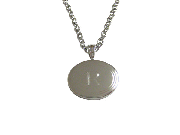 Silver Toned Etched Oval Letter R Monogram Pendant Necklace