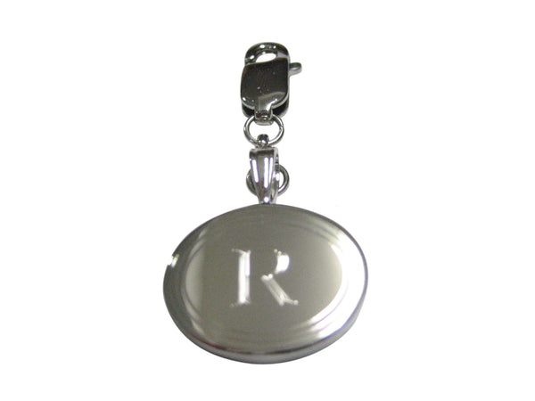 Silver Toned Etched Oval Letter R Monogram Pendant Zipper Pull Charm