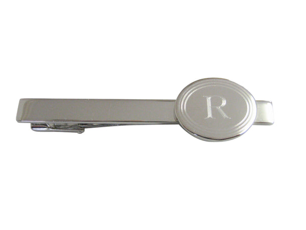 Silver Toned Etched Oval Letter R Monogram Square Tie Clip